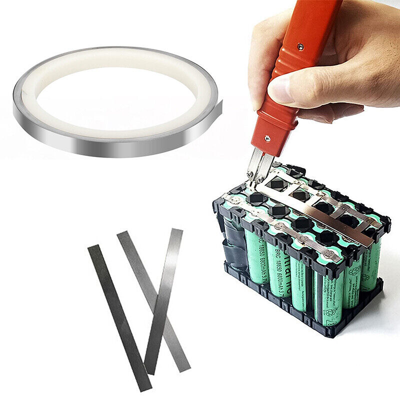 1 Meter 18650 Nickel Strip Belt Tape Li-ion Battery Connector Spcc Spot Welding BMS Parts 0.12mm 5mm - a roll of silver nickel strip, two cut strips, and a hand using a spot welder on a battery pack.