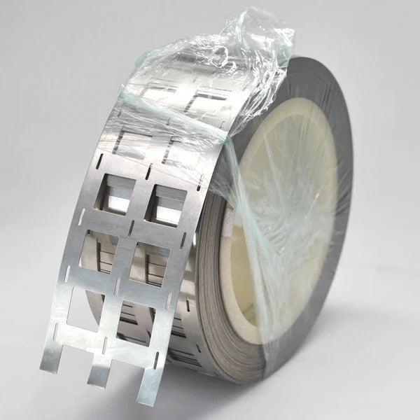 1 Meter 3p Configuration Pure Nickel Strip 0.15mm Thickness - shown as a silver-colored metal strip with rectangular cutouts, coiled and wrapped in plastic.