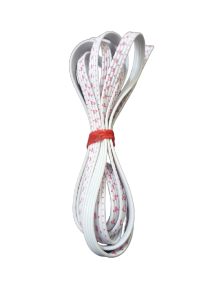 1 Meter 4 Pin JST Wire - a long white ribbon cable with pink markings coiled and secured with a small red rubber band.
