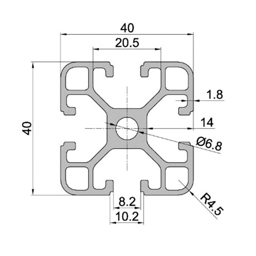 1 Meter 4040 Aluminium Profile Aluminium Extrusion For CNC And 3d Printer Color Black/silver - technical dimension diagram showing the cross-section of the square extrusion with its specific measurements and radii.