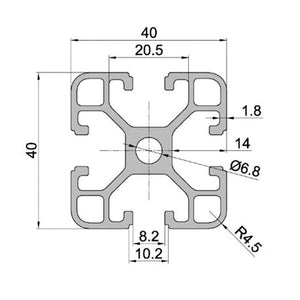 1 Meter 4040 Aluminium Profile Aluminium Extrusion For CNC And 3d Printer Color Black/silver - technical dimension diagram showing the cross-section of the square extrusion with its specific measurements and radii.