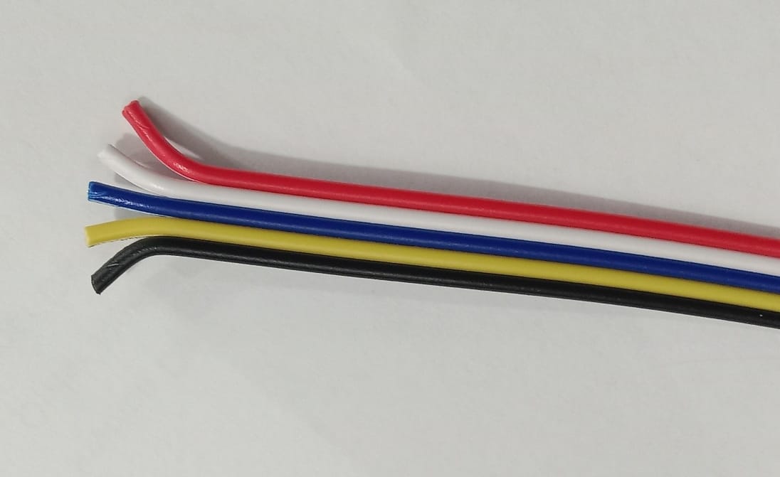 1 Meter 5 Wires rainbow cable - a close-up of five parallel insulated wires in red, white, blue, yellow, and black arranged in a row.