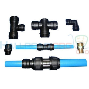 1 Meter 6mm Polyurethane Plastic Mist Pipe - shown with various black plastic T-connectors, elbow connectors, straight couplings, and a brass adapter.