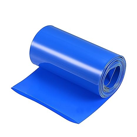 1 Meter 75mm DIY Battery Pack PVC Heat Shrink Wrap Tube - shown as a blue, flattened, coiled roll of plastic tubing.