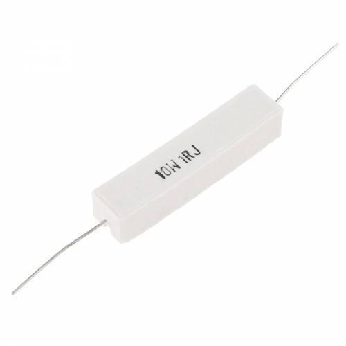 1 Ohm 1R 10W High Power Resistor 10W1RJ - a white, rectangular cement-style axial resistor with metal wire leads extending from both ends.