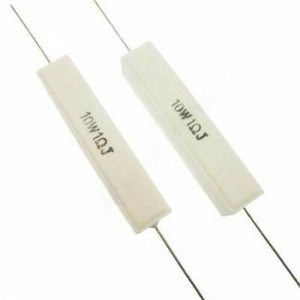 1 Ohm 1R 10W High Power Resistor 10W1RJ - shown as two white, rectangular ceramic resistors with wire leads and "10W 1ΩJ" printed on the side.