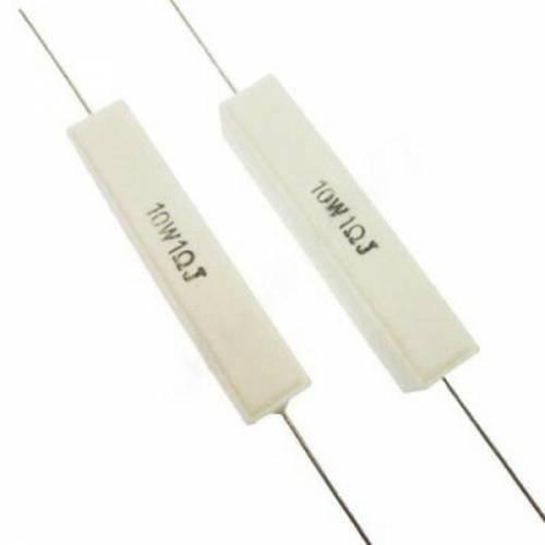 1 Ohm 1R 10W High Power Resistor 10W1RJ - shown as two white, rectangular ceramic resistors with wire leads and "10W 1ΩJ" printed on the side.