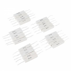 1 Ohm 1R 10W High Power Resistor 10W1RJ - rectangular ceramic cement resistors with wire leads arranged in five groups.