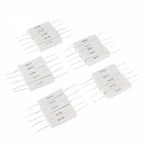 1 Ohm 1R 10W High Power Resistor 10W1RJ - rectangular ceramic cement resistors with wire leads arranged in five groups.