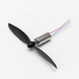 1 Pair Helicopter Coreless Micro DC Motor with Propeller 1 motor 1 propellor - a silver cylindrical motor with a black two-blade propeller attached and red and blue wires.