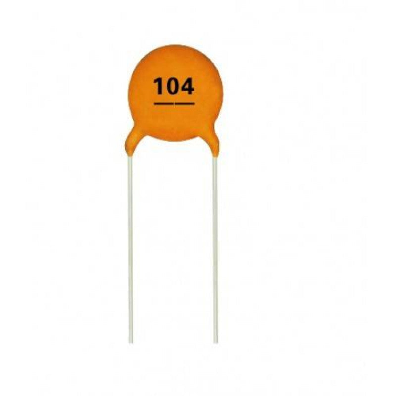 1 Piece 100nF Capacitor 104 Capacitor 0.1uF Capacitor In Paksitan - a round, orange ceramic disc capacitor with two metal wire leads and the number 104 printed on it.
