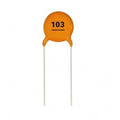 1 Piece 103 PF 50V 10nF 0.01uF DIP Ceramic Non Polar Capacitor - an orange disc-shaped electronic component with two thin metal leads and the number 103 printed on its face.