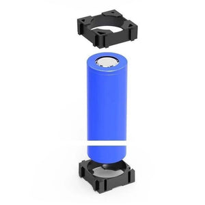 1 Piece 18650 Lithium Cell Battery Holder Bracket - shown as a blue cylindrical battery positioned between two black plastic square mounting brackets.