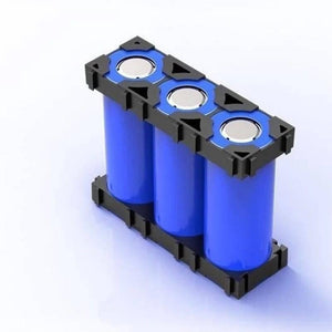 1 Piece 18650 Lithium Cell Battery Holder Bracket - holding three blue cylindrical batteries in a black plastic frame.
