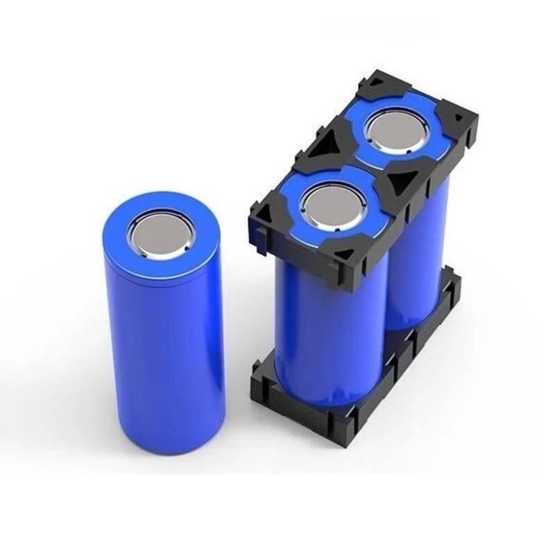1 Piece 18650 Lithium Cell Battery Holder Bracket - shown as one loose blue cylindrical battery next to two blue batteries secured in a black plastic frame.
