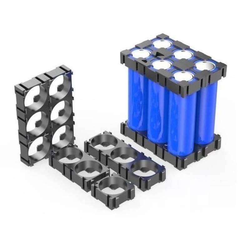 1 Piece 18650 Lithium Cell Battery Holder Bracket - shown as a black plastic grid assembly with one set holding six blue cylindrical battery cells.