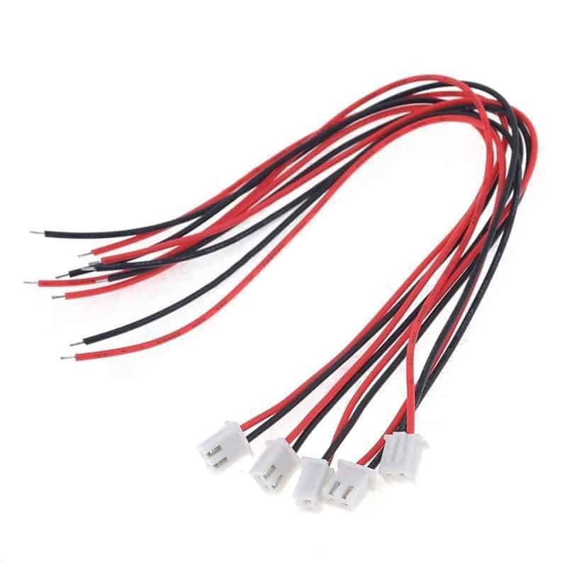 1 Piece 2.54mm Pitch JST2.54 Plug 2 Pin Extension Wire Connector - five sets of red and black wires attached to white two-pin plastic connectors.