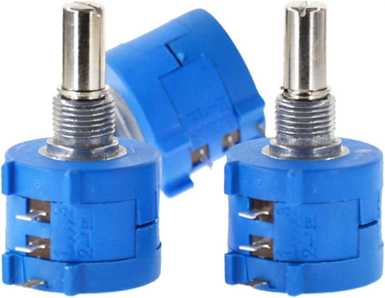1 Piece 20k Ohm Multiturn Potentiometer Pot 3590S-2-203 - three blue circular potentiometers with metal shafts and three connection pins each.