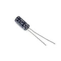 1 Piece 4.7uF 50V Electrolytic Capacitor - a small black cylindrical electronic component with two metal wire leads extending from one end.