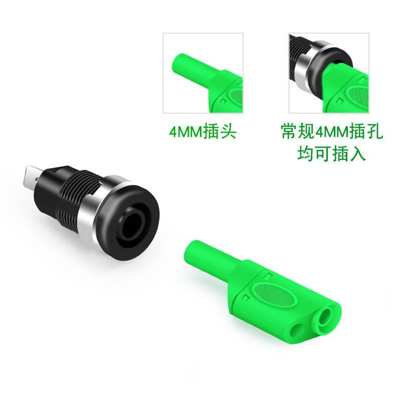 1 Piece 4mm Stackable Banana Plug Connectors Test Plug Banana Plug PL6-PL8 - a black panel-mount socket and a green 4mm banana plug, with insets demonstrating the plug connection.