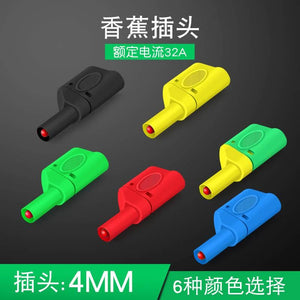1 Piece 4mm Stackable Banana Plug Connectors Test Plug Banana Plug PL6-PL8 - six individual plugs in black, yellow, green, red, and blue, with text indicating 32A and 4mm size.