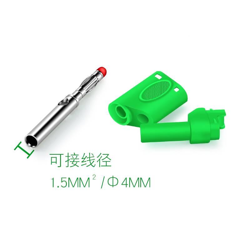1 Piece 4mm Stackable Banana Plug Connectors Test Plug Banana Plug PL6-PL8 - a metallic banana plug beside its green plastic housing, with Chinese text and specifications below.