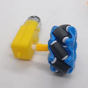 1 Piece 52mm Mecanum Omni Wheels Tires For DIY Rc Robot Toys Tt Motors - a blue omni-directional wheel with black rollers attached to a yellow TT gear motor via a yellow plastic connector.