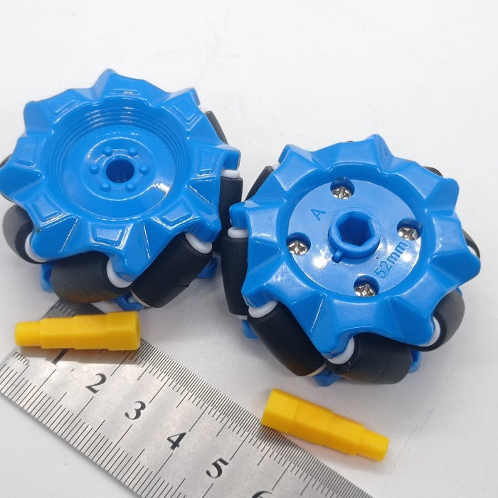 1 Piece 52mm Mecanum Omni Wheels Tires For DIY Rc Robot Toys Tt Motors - two blue wheels with black rollers, two yellow plastic adapters, and a metal ruler for scale on a white background.