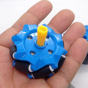 1 Piece 52mm Mecanum Omni Wheels Tires For DIY Rc Robot Toys Tt Motors - a close-up of a blue plastic wheel with black rollers and a yellow hexagonal connector.