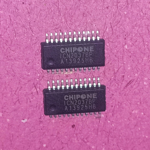 1 Piece ICN2037 Bp IC - two black, rectangular integrated circuits with silver pins, arranged vertically against a textured pink background.