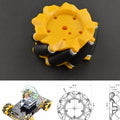 1 Piece Left 80mm Mecanum Wheel Omni-directional Wheel - a yellow wheel, a robot chassis with four wheels, and a technical dimension diagram.