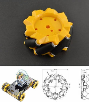 1 Piece Left 80mm Mecanum Wheel Omni-directional Wheel - a yellow wheel, a robot chassis with four wheels, and a technical dimension diagram.