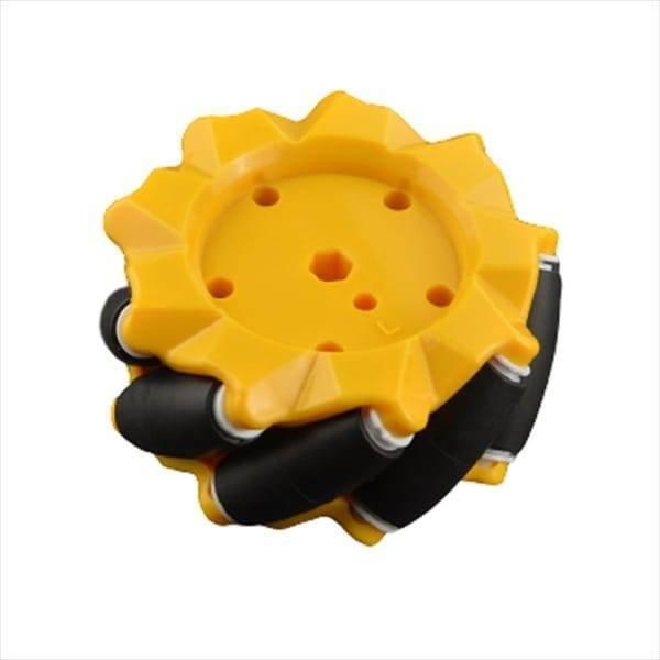 1 Piece Left 80mm Mecanum Wheel Omni-directional Wheel - a yellow plastic wheel frame with black rollers attached around its perimeter.