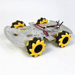 1 Piece Left 80mm Mecanum Wheel Omni-directional Wheel - shown assembled on a four-wheeled metal robot chassis with yellow and black wheels and wiring.