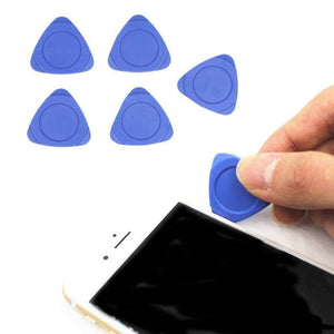 1 Piece Mobile Opener Triangle Plastic Pry Opening Tool Kit Security Opener For Iphone Cell Phone Laptop Table Pc Case LCD Screen Guitar Picks - five blue triangular plastic prying tools with one being used to open a white smartphone.