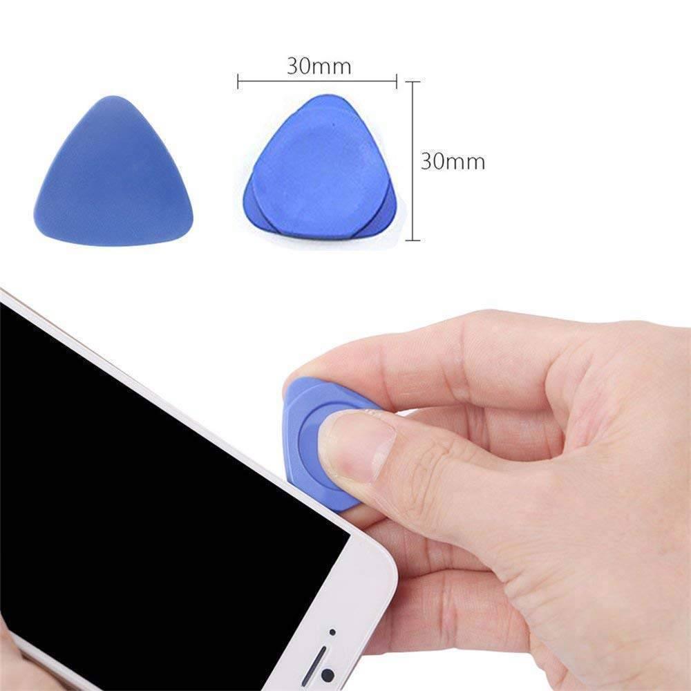 1 Piece Mobile Opener Triangle Plastic Pry Opening Tool Kit Security Opener For Iphone Cell Phone Laptop Table Pc Case LCD Screen Guitar Picks - shown with dimensions and being used to open a smartphone screen.