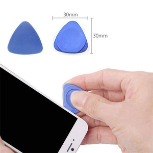 1 Piece Mobile Opener Triangle Plastic Pry Opening Tool Kit Security Opener For Iphone Cell Phone Laptop Table Pc Case LCD Screen Guitar Picks - shown with dimensions and being used to open a smartphone screen.