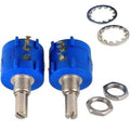 1 Piece Multiturn Potentiometer 10k Ohm Pot 3590S-2-103L - two blue cylindrical potentiometers with metal shafts, two locking nuts, and two washers.