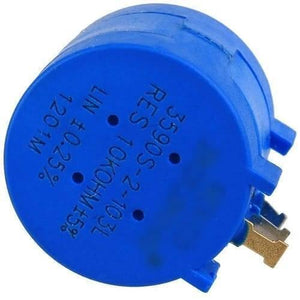 1 Piece Multiturn Potentiometer 10k Ohm Pot 3590S-2-103L - a blue cylindrical component with three metal terminals and printed technical specifications.