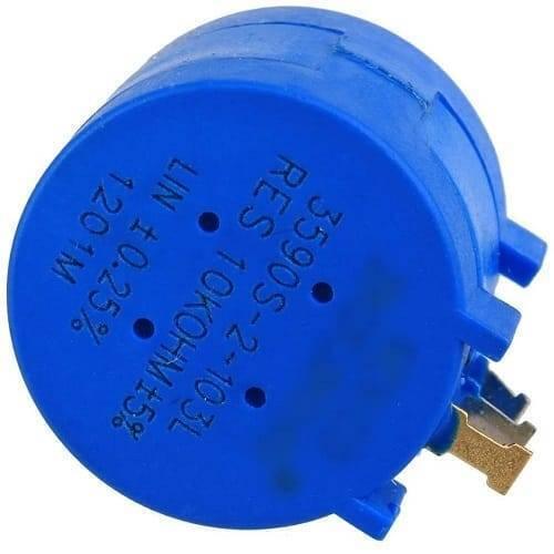 1 Piece Multiturn Potentiometer 10k Ohm Pot 3590S-2-103L - a blue cylindrical component with three metal terminals and printed technical specifications.