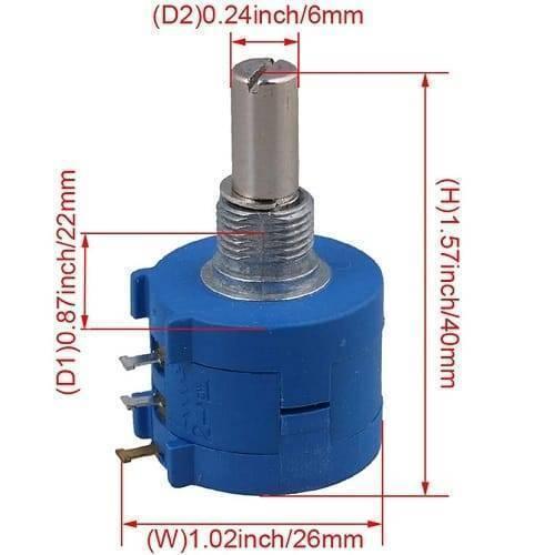 1 Piece Multiturn Potentiometer 10k Ohm Pot 3590S-2-103L - a blue cylindrical potentiometer with a metal shaft and red dimension lines and text.