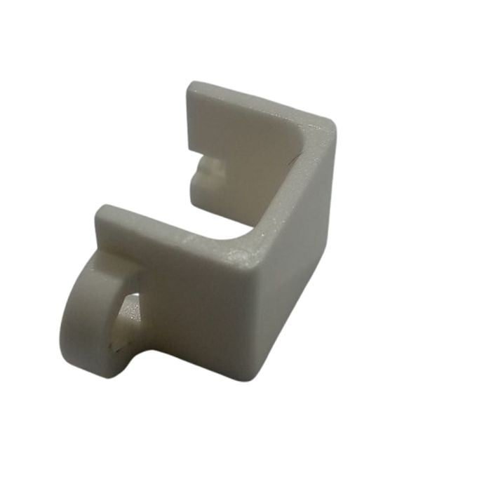1 Piece N20 DC Gear Motor Mount Bracket - a white plastic L-shaped mounting bracket with a circular screw hole tab, shown in a close-up studio view.