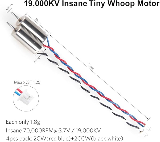 1 Piece On Demand Intense 6x15mm Motor (speed: Insane) 19000kV For Blade Inductrix Tiny Whoop Micro JST 1.25 Plug - two silver cylindrical motors with red-blue and black-white wires, a Micro JST 1.25 plug, and dimensions.