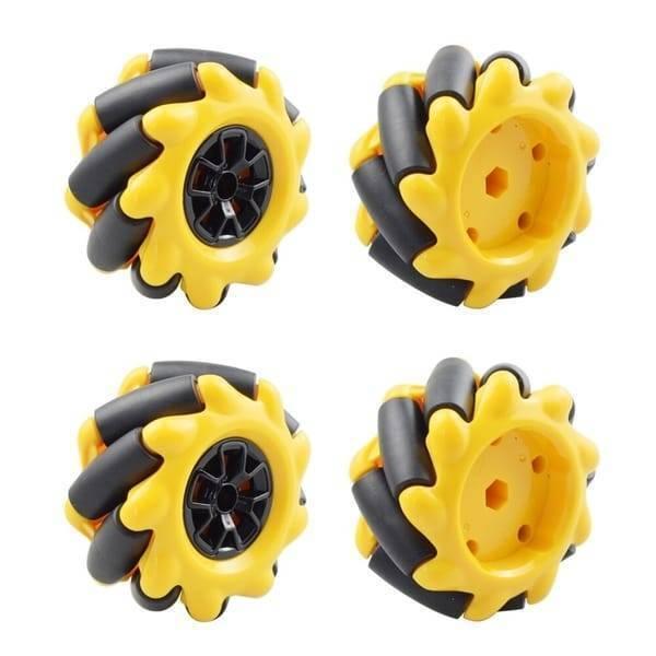 1 Piece Right 80mm Mecanum Wheel Omni Directional Wheel - four yellow and black mecanum wheels from front and back angles on a white background.