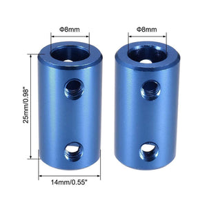 1 Piece Rigid Shaft Coupler 8x8mm 8mm To 8mm Bore Rigid Coupling Set Screw L25XD14 Aluminum Alloy Shaft Coupler - two blue cylindrical aluminum alloy couplers with 8mm bores and set screw holes, including dimension labels.