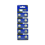 1 Piece Tianqiu Alkaline Button Cell Battery LR44 - shown as a retail pack of ten silver button batteries on a blue and white cardboard backing.