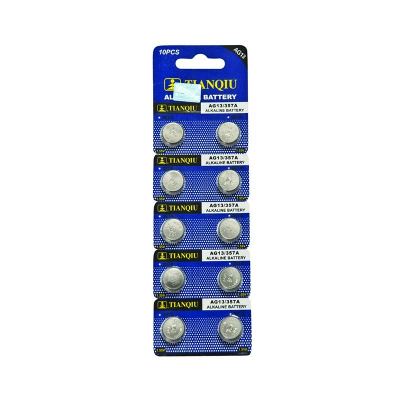 1 Piece Tianqiu Alkaline Button Cell Battery LR44 - shown as a retail pack of ten silver button batteries on a blue and white cardboard backing.
