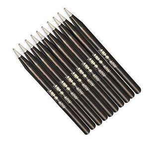 1 Piece Tni-u 40W Sharp Soldering Tip Iron Head Tools For Rework Station - a collection of nine identical dark brown, pointed metal soldering iron tips arranged in a diagonal row.