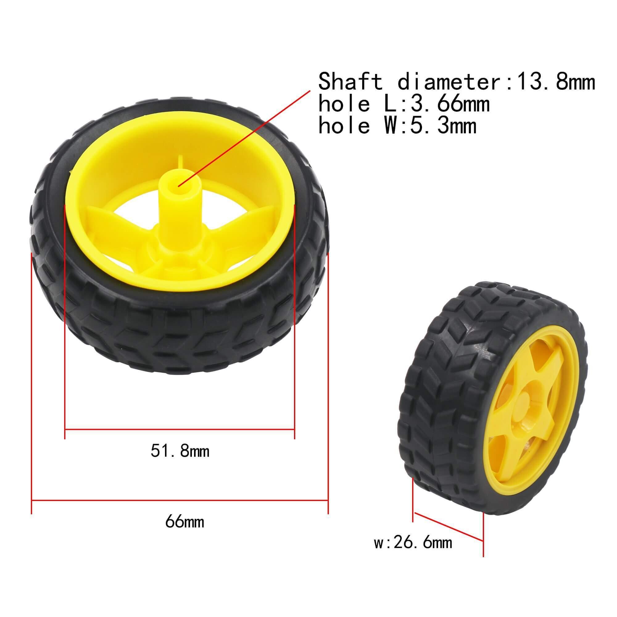 1 Piece Tt Motor Rubber Tires Dia 68mm Width 26mm Geared Tyre For DIY Rc Cars Wheels Model Robot Tire Plastic Wheel Rim Hub - with black tires and red dimension lines indicating the diameter, width, and shaft hole size.