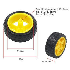 1 Piece Tt Motor Rubber Tires Dia 68mm Width 26mm Geared Tyre For DIY Rc Cars Wheels Model Robot Tire Plastic Wheel Rim Hub - with black tires and red dimension lines indicating the diameter, width, and shaft hole size.